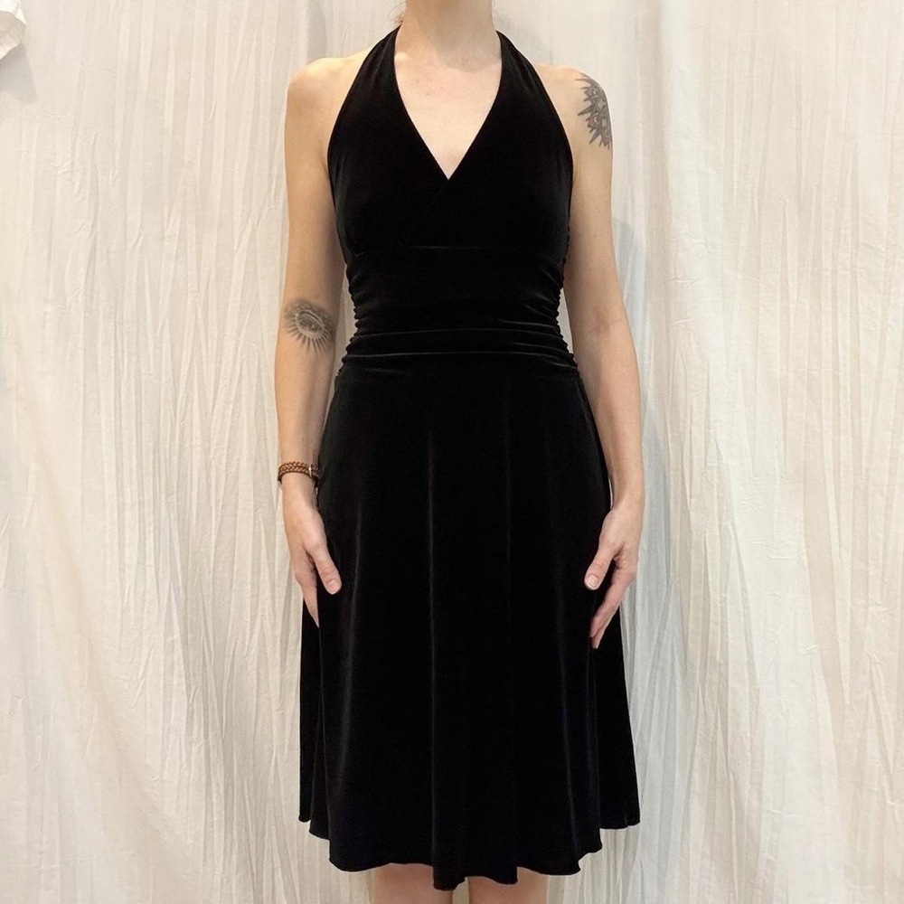 Black Velvet Halter Dress with Waist Ruching Y2K Formal Goth Alt